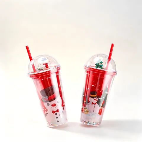 Christmas Double Wall Straw Cup Cute Cartoon Glitter Sequin Plastic Water Bottle Reusable Portable Travel Drinkware For Students Gift