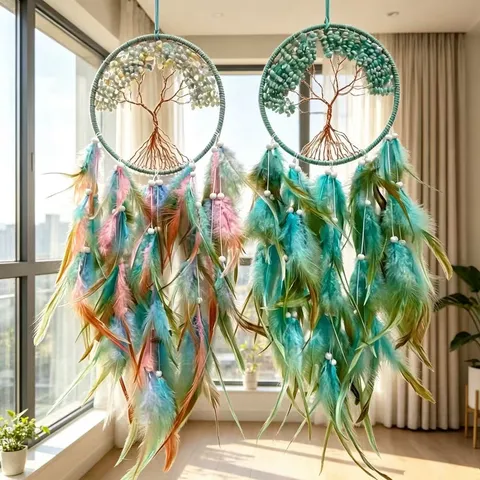 Levensboom Dromenvanger Handgemaakte Kristalsteen Veer Wanddecoratie Boheems Woondecoratie Windgong Kamer Decor