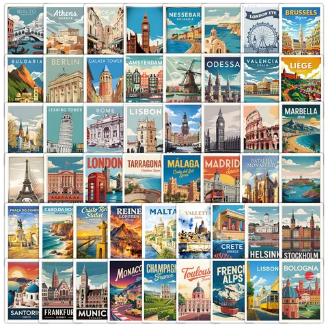 European Travel Graffiti Stickers Waterproof Vintage City Landmarks Decals For Water Bottle Phone Journaling Notebook
