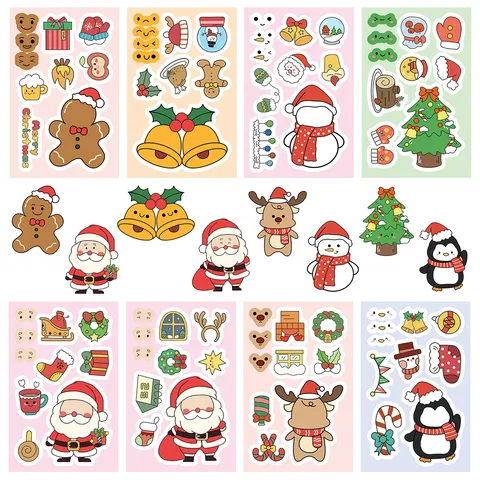 Nordic Christmas Face Changing Puzzle Stickers DIY Cartoon Santa Claus Snowman Waterproof PVC Decals For Kids Party Decor