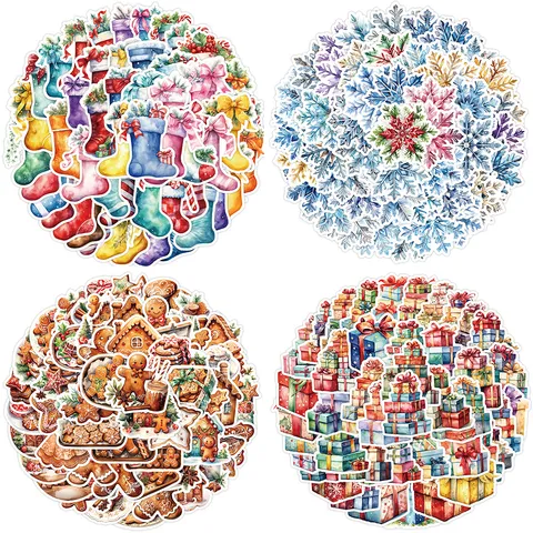 Christmas Waterproof Stickers Decals Cartoon Santa Snowman Gingerbread Snowflake Gift Stocking Ball Xmas Decor