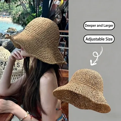 Women Hand-woven Straw Hat Wide Brim Sun Protection Breathable Beach Vacation Summer Foldable Straw Hat