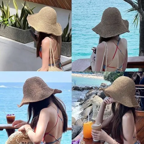 Women Hand-woven Straw Hat Wide Brim Sun Protection Breathable Beach Vacation Summer Foldable Straw Hat