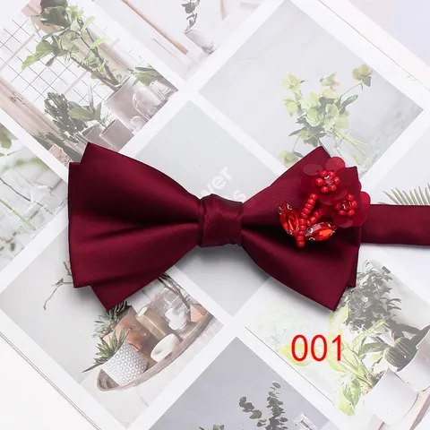 Men Korean Style Double Layer Jacquard Bowtie Solid Color Rhinestone Flower Decor Formal Business Party Bow Tie