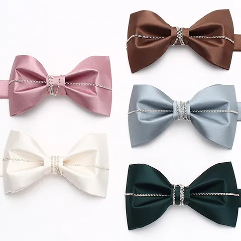 Men Fashion Satin Bow Tie With Silver Metal Chain Elegant Formal Wedding Party Bowtie Suit Shirt Accessories