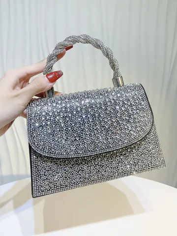 Bolso de Noche de Lujo Francés con Strass para Mujer Asa Trenzada Metálica Bolso de Mano Cuadrado de Poliéster Cartera para Boda Formal Banquete