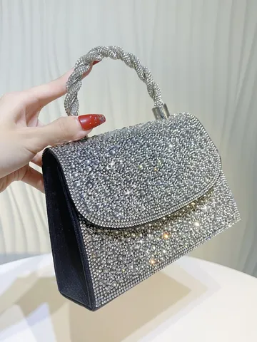 Bolso de Noche de Lujo Francés con Strass para Mujer Asa Trenzada Metálica Bolso de Mano Cuadrado de Poliéster Cartera para Boda Formal Banquete