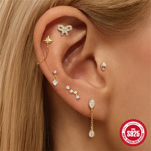 925 Sterlingsilber Schleife Achtzackiger Stern Lotus Ohrstecker Flache Rückseite Piercing Euro-Amerikanischen Ins Strass Knorpel Ohrring Für Damen Herren