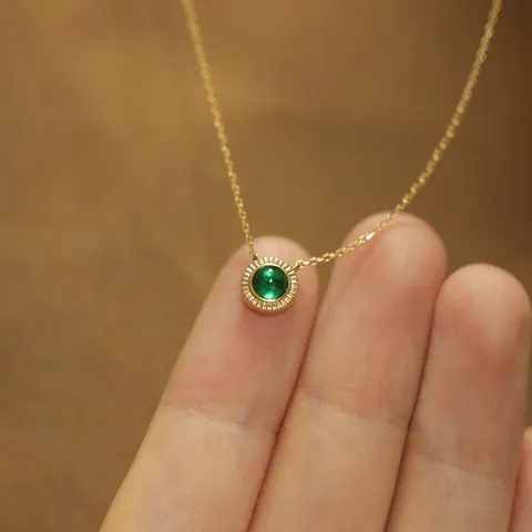 S925 Sterling Silver 14K Gold Plated Emerald Green Zirconia Pendant Necklace For Women Retro Geometric Clavicle Chain Gift