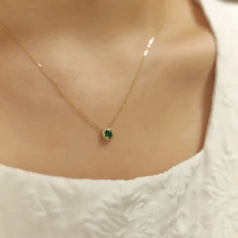 S925 Sterling Silver 14K Gold Plated Emerald Green Zirconia Pendant Necklace For Women Retro Geometric Clavicle Chain Gift