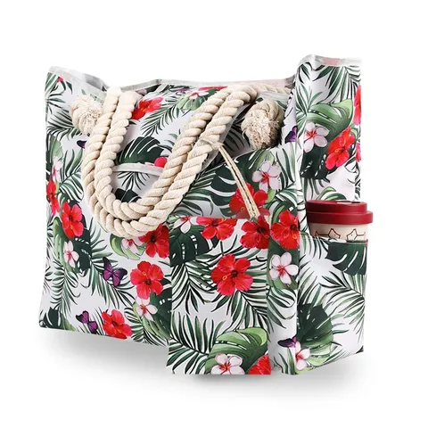 Women's Large Capacity Oxford Cloth Beach Bag With Rope Handle Tropical Print Tote Bag For Summer Travel Picnic Shopping