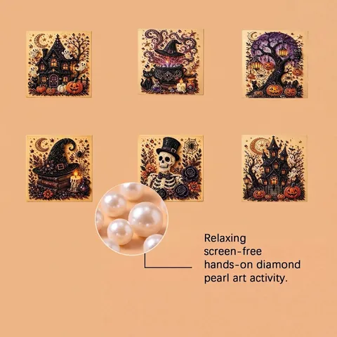 Halloween DIY Pearl Painting Art Kit Wood Frame Acrylic Artificial Pearl Beads Set Festive Party Home Decoration Gift