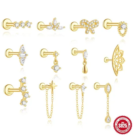 925 Sterlingsilber Schleife Achtzackiger Stern Lotus Ohrstecker Flache Rückseite Piercing Euro-Amerikanischen Ins Strass Knorpel Ohrring Für Damen Herren