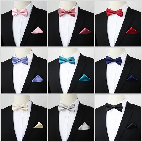 Mannen Zakelijk Formeel Strikje En Pochet Set Effen Kleur Satijn Bruiloft Feest Pak Accessoires