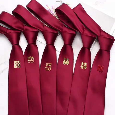 Men's Wedding Burgundy Polyester Silk Necktie Handmade Neck Tie With Double Happiness Accent For Groom Groomsman Formal
