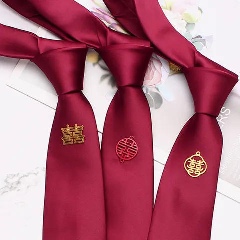 Men's Wedding Burgundy Polyester Silk Necktie Handmade Neck Tie With Double Happiness Accent For Groom Groomsman Formal