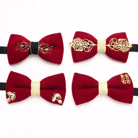 Farfallino da Sposa in Stile Cinese da Uomo Rosso Vino Seta Jacquard con Accessori in Metallo Doppia Felicità e Strass