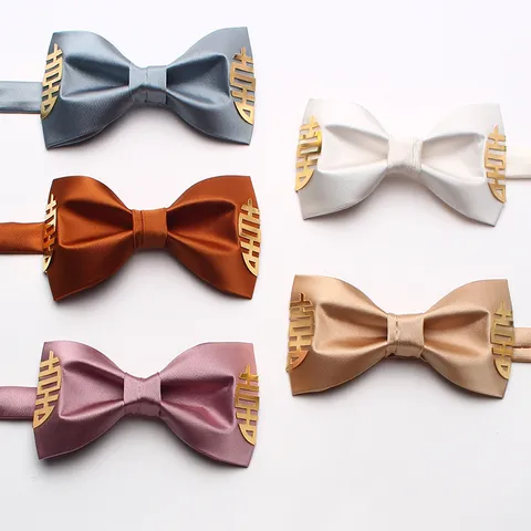 Pajarita de Novio para Boda Accesorios de Traje de Hombre Patrón de Doble Felicidad Tela de Satén Pajarita Ajustable Regalo de Fiesta