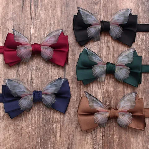 Unisex Fashion Solid Color Satin Bow Tie With Transparent Butterfly Wings Elegant Party Shirt Suit Accessories