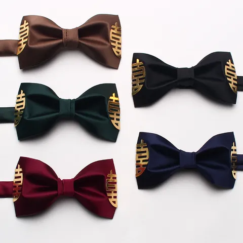 Pajarita de Novio para Boda Accesorios de Traje de Hombre Patrón de Doble Felicidad Tela de Satén Pajarita Ajustable Regalo de Fiesta