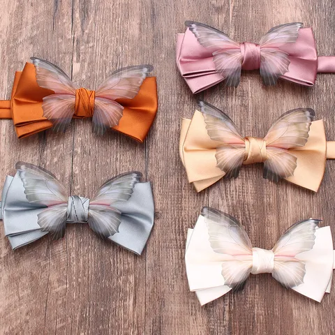 Unisex Fashion Solid Color Satin Bow Tie With Transparent Butterfly Wings Elegant Party Shirt Suit Accessories