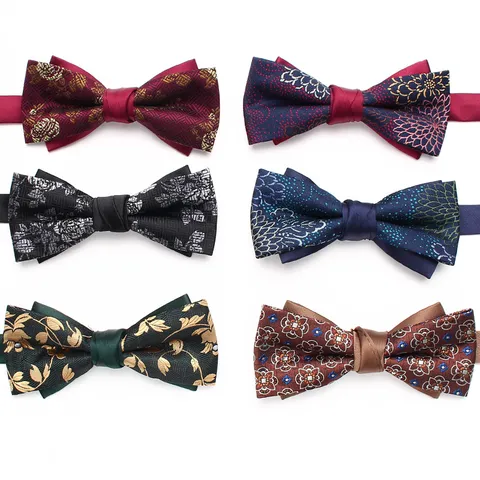 Pajarita Jacquard Clásica para Hombres Vintage Floral Doble Capa Boda Fiesta Negocios Cuello Moda Traje Esmoquin Pajarita