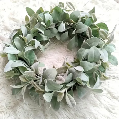 Artificial Flocked Lamb's Ear Wreath Grey Green Leaves Front Door Garland Farmhouse Home Decor Wedding Party Photography Prop