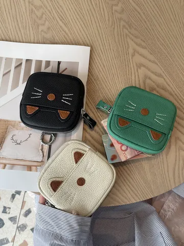 Echtes Leder Süße Katzen Münzbeutel Mini Reißverschluss Brieftasche Mit Schlüsselring Stickerei Katzenohren Kleine Tasche Damen Geldbörse