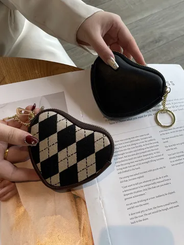 Damen Süßes Canvas Herz Münzbeutel Retro Rautenmuster Mini Geldbörse Mit Metall Reißverschluss Und Schlüsselring Tägliche Aufbewahrung Tasche