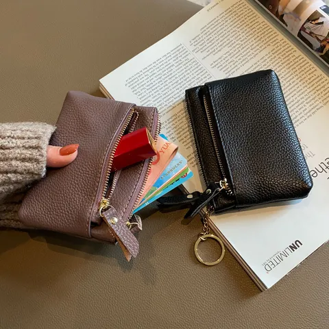 Echtes Leder Kleine Münzgeldbörse Für Damen Mini Dreilagige Rindsleder Münztasche Minimalistische Reißverschluss Geldbörse