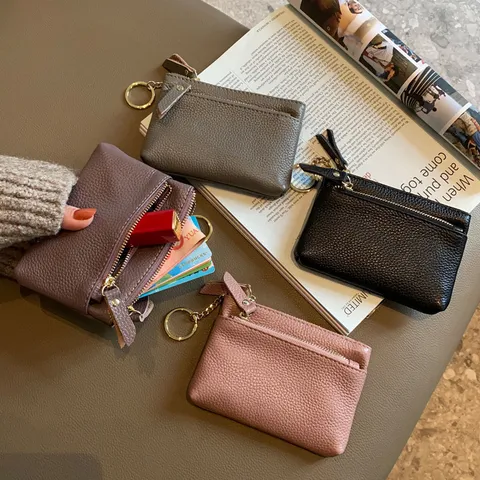 Echtes Leder Kleine Münzgeldbörse Für Damen Mini Dreilagige Rindsleder Münztasche Minimalistische Reißverschluss Geldbörse