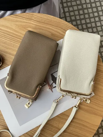 Damen Echtes Leder Handytasche Vintage Kussverschluss Umhängetasche Kleine Tasche Modisch Minimalistisch Rindsleder Schultertasche Täglicher Gebrauch