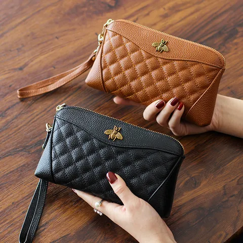 Women Genuine Leather Long Wallet Quilted Shell Clutch Purse With Metal Bee Decoration Classic Fashion Handbag