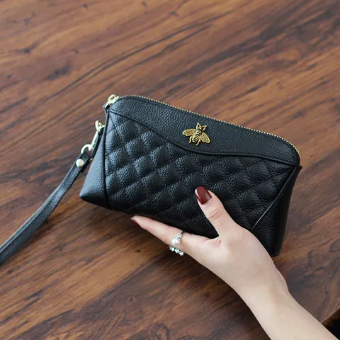 Women Genuine Leather Long Wallet Quilted Shell Clutch Purse With Metal Bee Decoration Classic Fashion Handbag