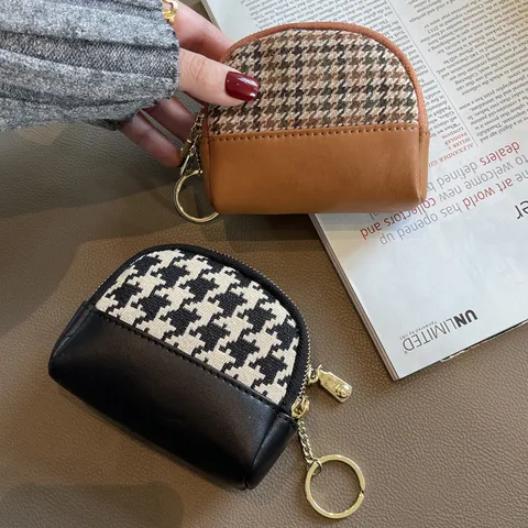 Women Canvas PU Leather Coin Purse Mini Zipper Wallet Key Chain Card Holder Houndstooth Fashion Casual Handbag