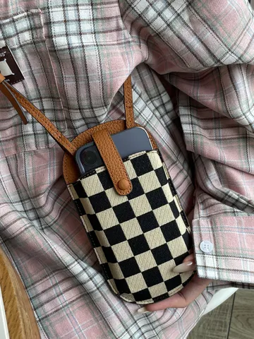 Mini Sac de Téléphone Portable de Mode pour Femmes Rétro Damier Toile Et Cuir Véritable Sac Bandoulière Petit Sac Décontracté
