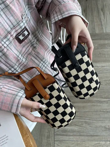 Mini Sac de Téléphone Portable de Mode pour Femmes Rétro Damier Toile Et Cuir Véritable Sac Bandoulière Petit Sac Décontracté