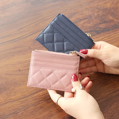 Echtes Leder Gesteppt Kurze Geldbörse Damen Mini Münztasche Ultradünn Reißverschluss Kartenetui Modischer Street Trend