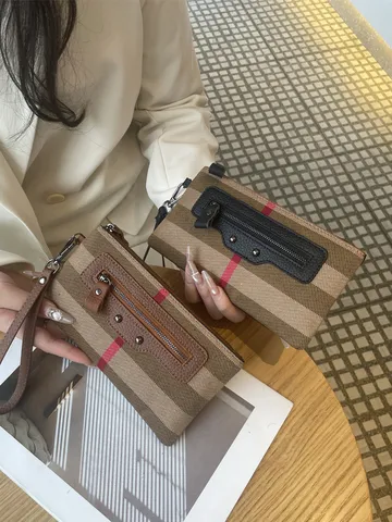 Гυναίκες Тsάντα Xeριού Каnvas Splicing Cowhide Checkered Phone Bag Casual Zipper Wrist Strap Daily Handbag
