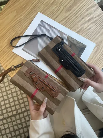 Гυναίκες Тsάντα Xeριού Каnvas Splicing Cowhide Checkered Phone Bag Casual Zipper Wrist Strap Daily Handbag