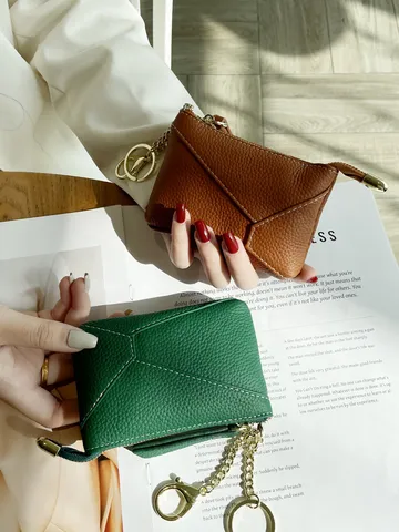 Genuine Leather Coin Purse For Women Small Wallet Zipper Card Holder Change Pouch With Keychain Daily Casual Wallet