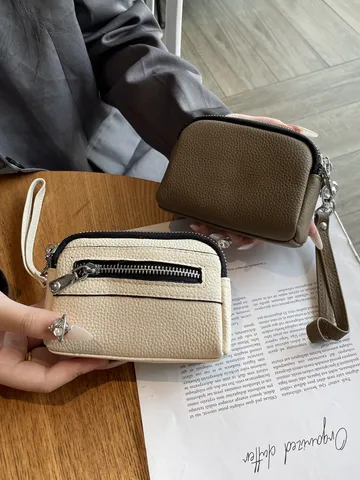 Echtes Leder Mini Münzbeutel Damen Multifunktion Doppelreißverschluss Handtasche Einsteckfarbe Casual Geldbörse Mit Handschlaufe
