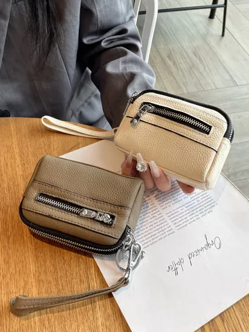 Echtes Leder Mini Münzbeutel Damen Multifunktion Doppelreißverschluss Handtasche Einsteckfarbe Casual Geldbörse Mit Handschlaufe