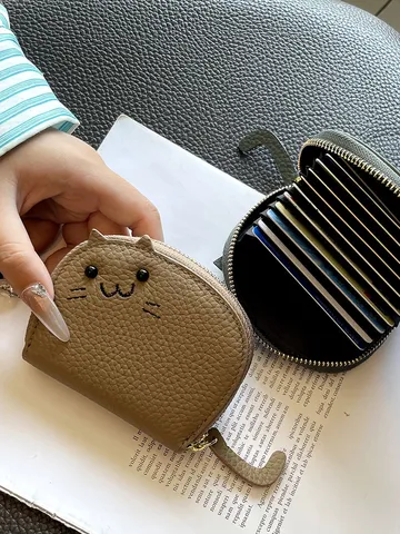 Damen Echtleder Kartenetui Süßes Katzen Design Mini Geldbörse Mehrere Kartenfächer Reißverschluss Münzbeutel Tragbarer Kartenhalter