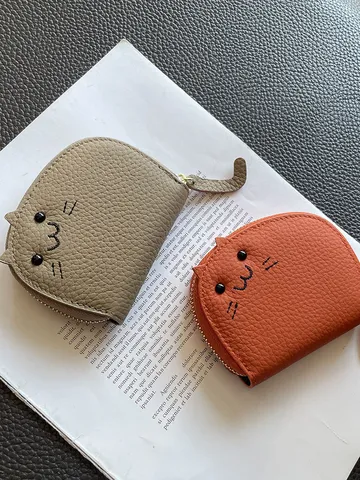 Damen Echtleder Kartenetui Süßes Katzen Design Mini Geldbörse Mehrere Kartenfächer Reißverschluss Münzbeutel Tragbarer Kartenhalter