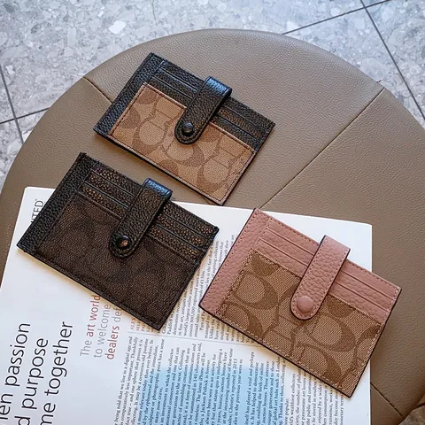Damen Retro Monogramm Kartenetui Echtes Leder Schlanke Mini Geldbörse Mehrere Kartenfächer Visitenkartenetui