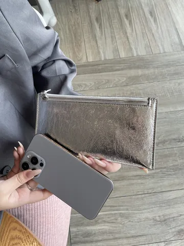 Dames Echt Lederen Lange Portemonnee Koeienhuid Eerste Laag Zilver Portemonnee Minimalistische Mode Kaarthouder Mobiele Telefoon Tas