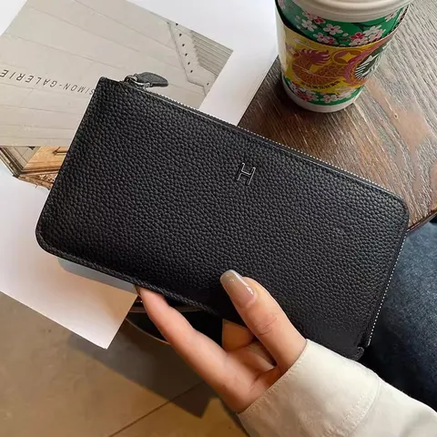 Damen Echtes Leder Lange Brieftasche Luxus Designer Reißverschluss Kartenhalter Clutch Tasche Mit Eleganter Metallschnalle