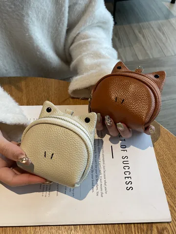 Echtes Rindsleder Münzbeutel Süßes Tierohr Design Mini Tragbar Reißverschluss Kleines Portemonnaie Für Damen