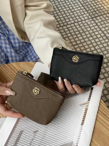 Modische Echtleder Münzbeutel Damen Kartenetui Vintage Einfarbig Mini Geldbörse Reißverschluss Kleingeldtasche
